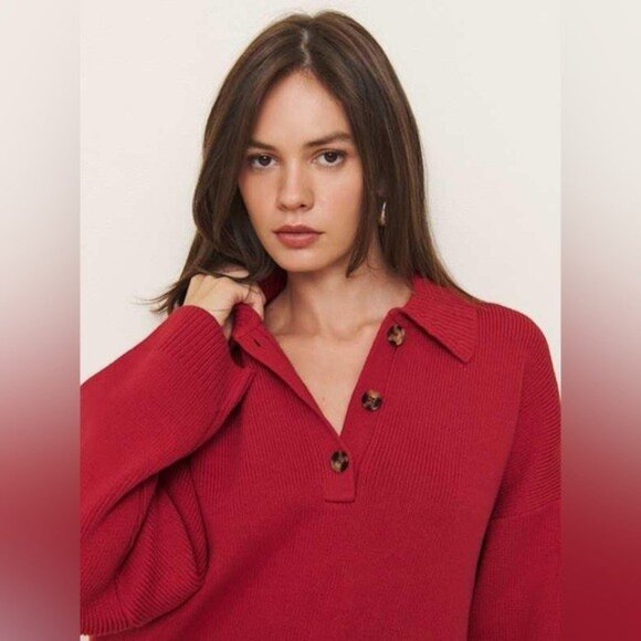 NWT Size S (P2P 23") -Reformation Cotton Brooklyn Polo Sweater (NWT US$ 218) - Picture 2 of 13